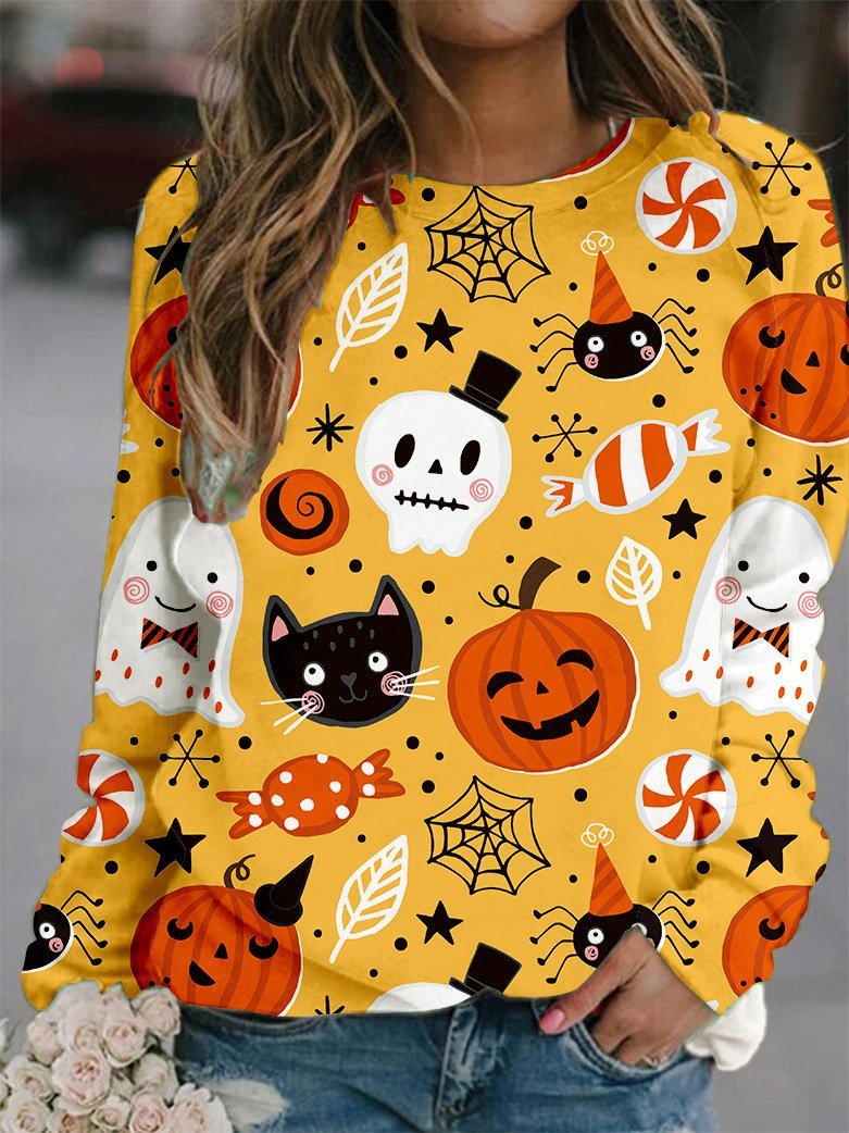 Women's T-Shirts Halloween Printed Round Neck Long Sleeve Loose T-Shirts - LuckyFash™
