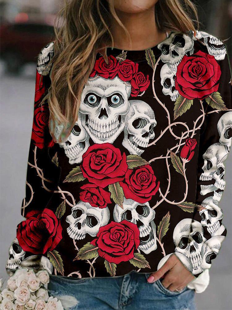 Women's T-Shirts Halloween Printed Round Neck Long Sleeve Loose T-Shirts - LuckyFash™