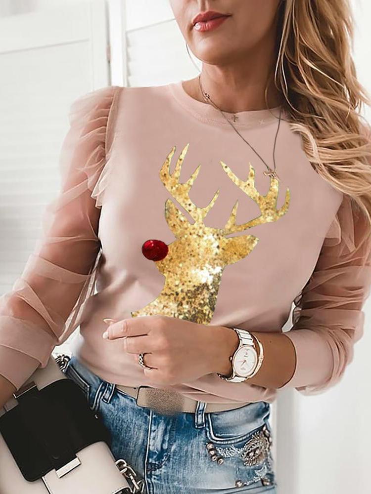 Women's T-Shirts Printed Round Neck Mesh Long Sleeve T-Shirt - LuckyFash™