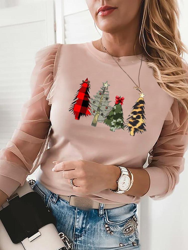 Women's T-Shirts Printed Round Neck Mesh Long Sleeve T-Shirt - LuckyFash™