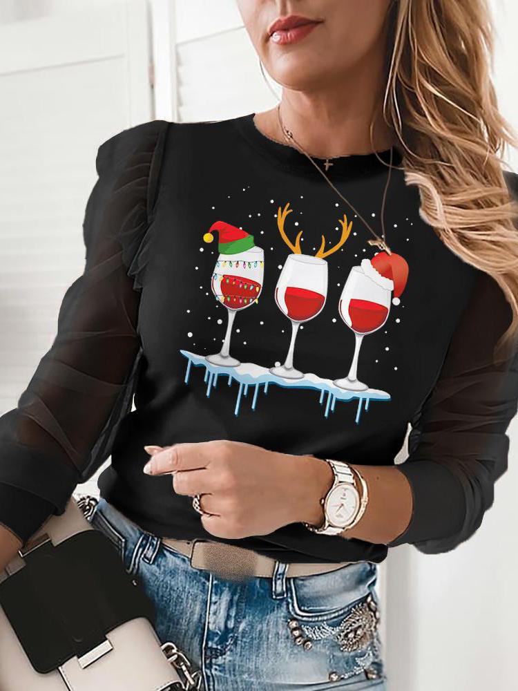 Women's T-Shirts Printed Round Neck Mesh Long Sleeve T-Shirt - LuckyFash™