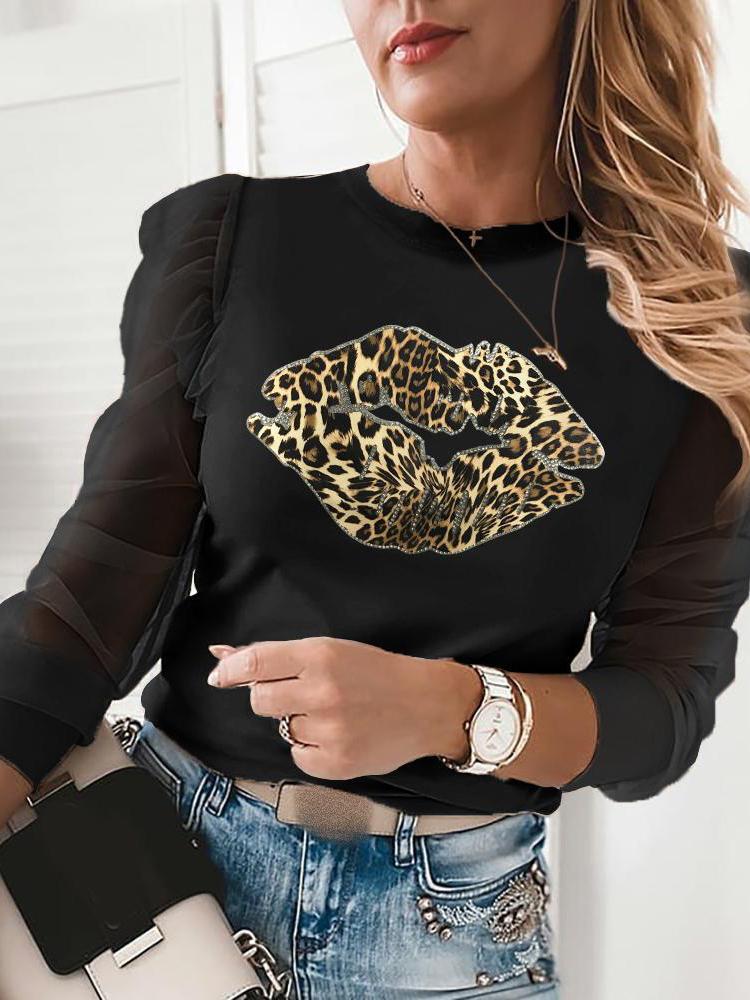 Women's T-Shirts Printed Round Neck Mesh Long Sleeve T-Shirt - LuckyFash™