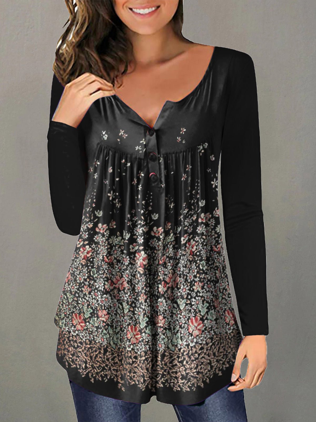 Women's T-Shirts Printed V-Neck Button Long Sleeve Casual T-Shirt - LuckyFash™