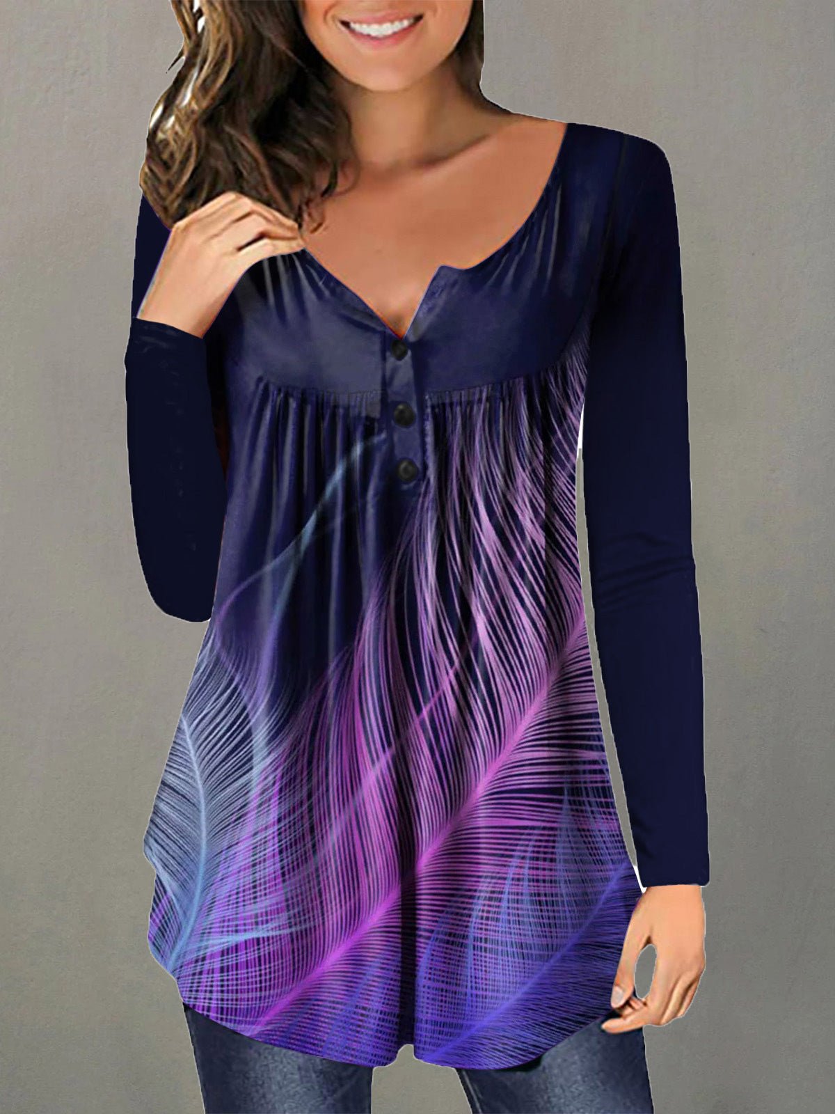 Women's T-Shirts Printed V-Neck Button Long Sleeve Casual T-Shirt - LuckyFash™
