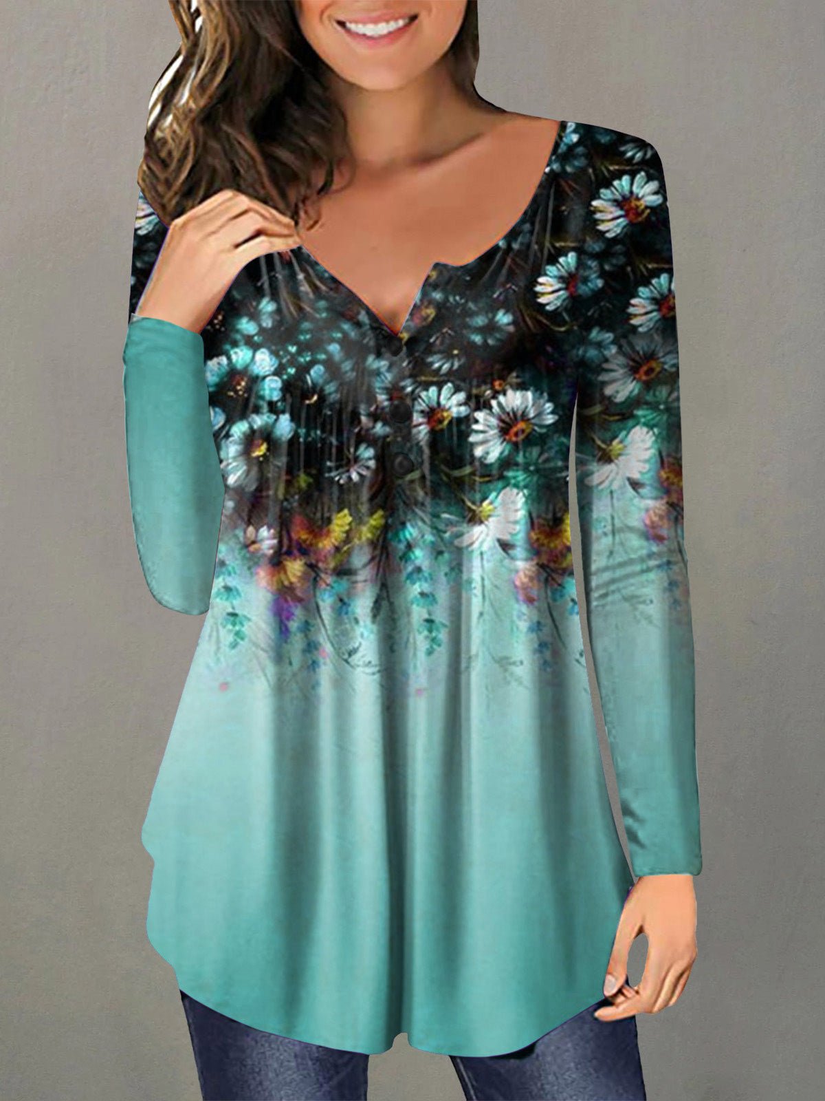 Women's T-Shirts Printed V-Neck Button Long Sleeve Casual T-Shirt - LuckyFash™