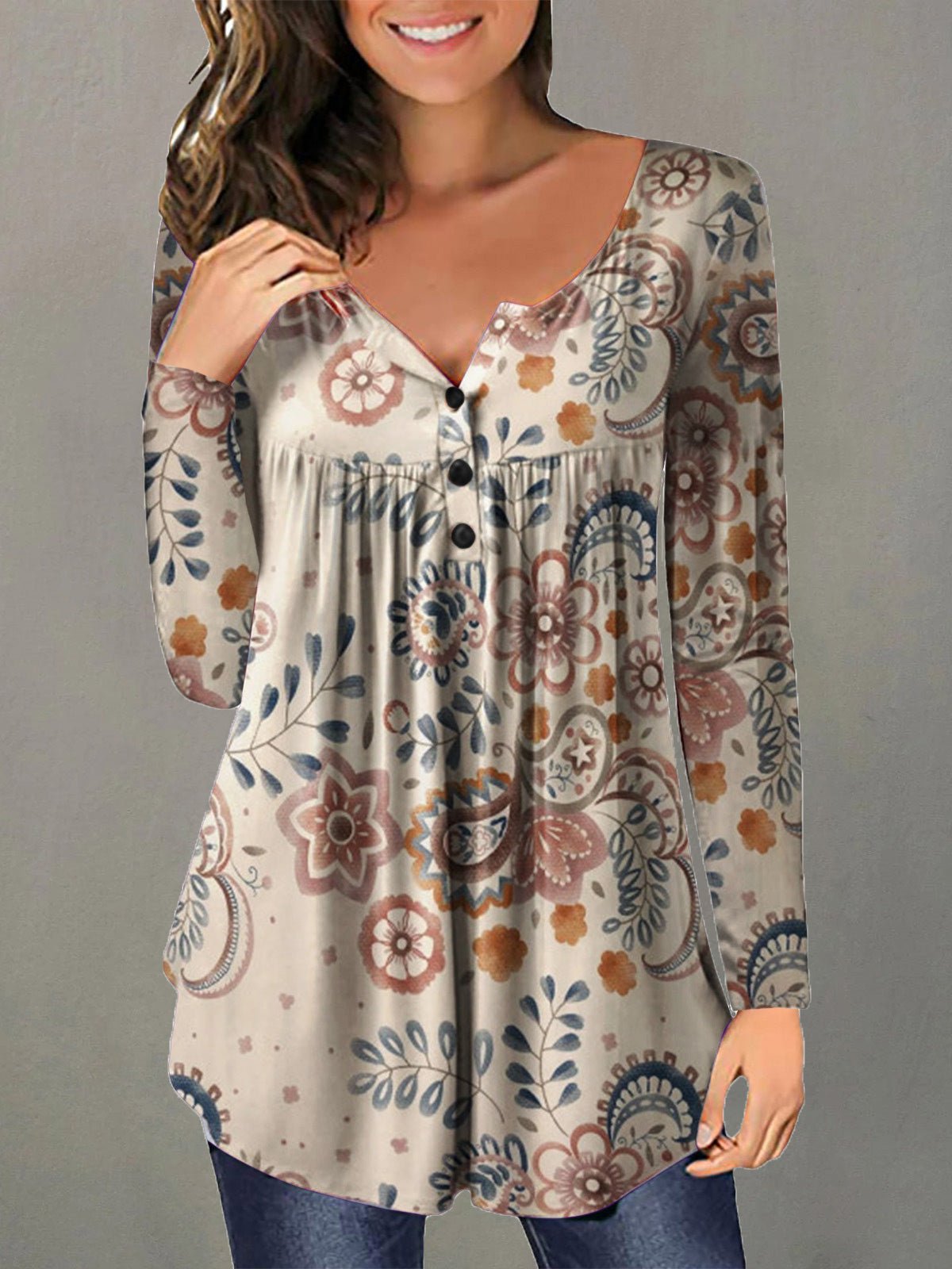 Women's T-Shirts Printed V-Neck Button Long Sleeve Casual T-Shirt - LuckyFash™