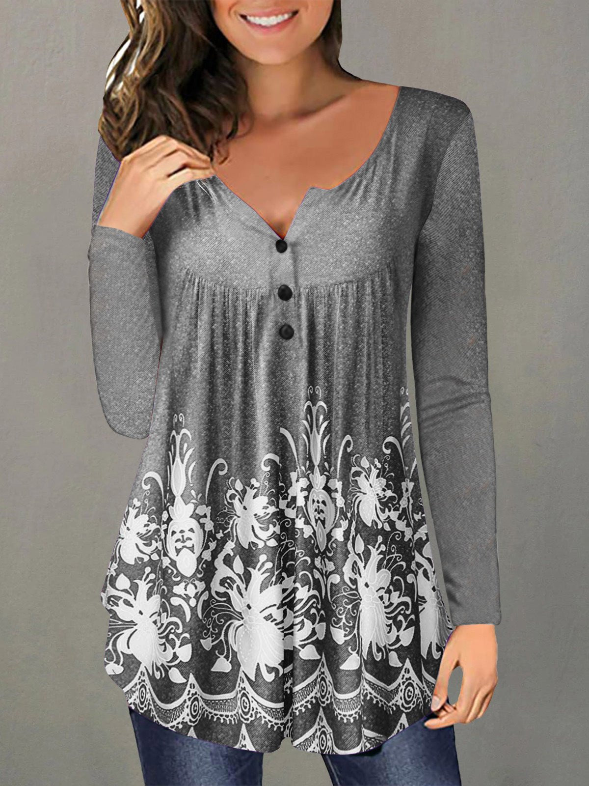Women's T-Shirts Printed V-Neck Button Long Sleeve Casual T-Shirt - LuckyFash™