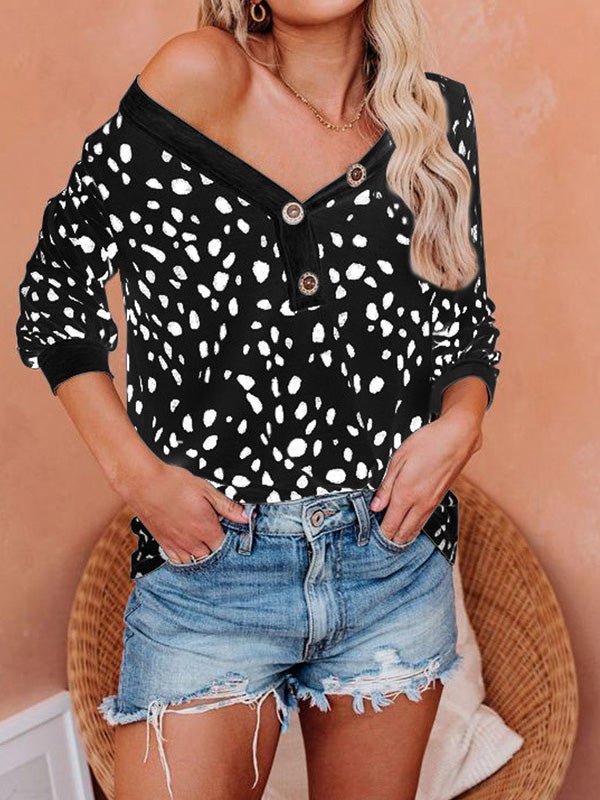 Women's T-Shirts Printed V-Neck Button Long Sleeve T-Shirt - LuckyFash™