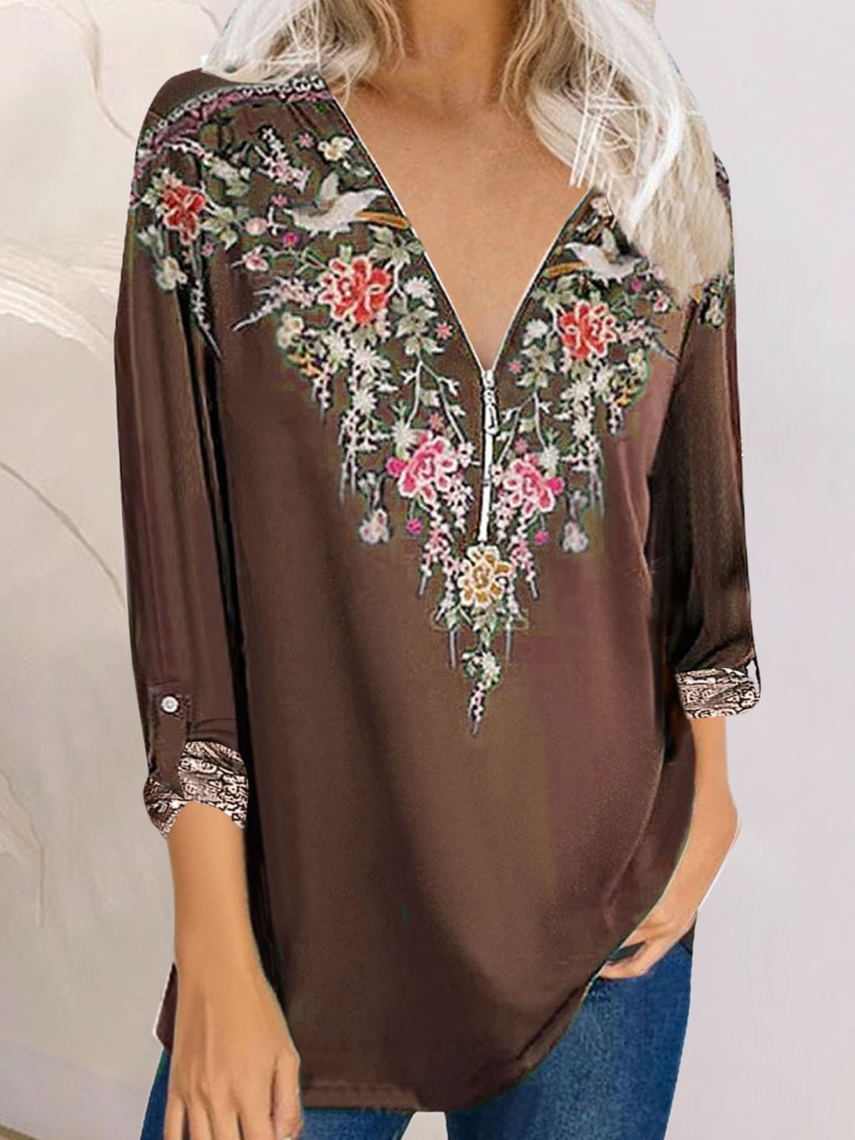 Women's T-Shirts Printed V-Neck Zipper Long Sleeve T-Shirts - LuckyFash™