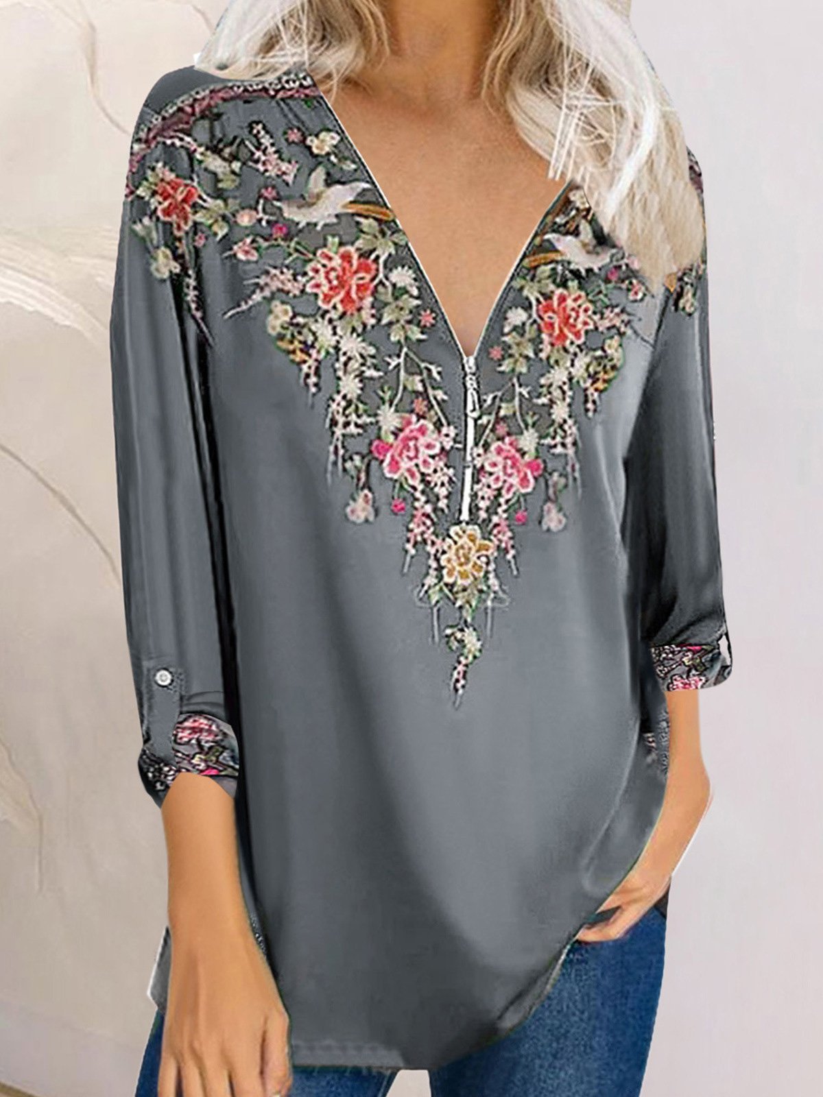 Women's T-Shirts Printed V-Neck Zipper Long Sleeve T-Shirts - LuckyFash™