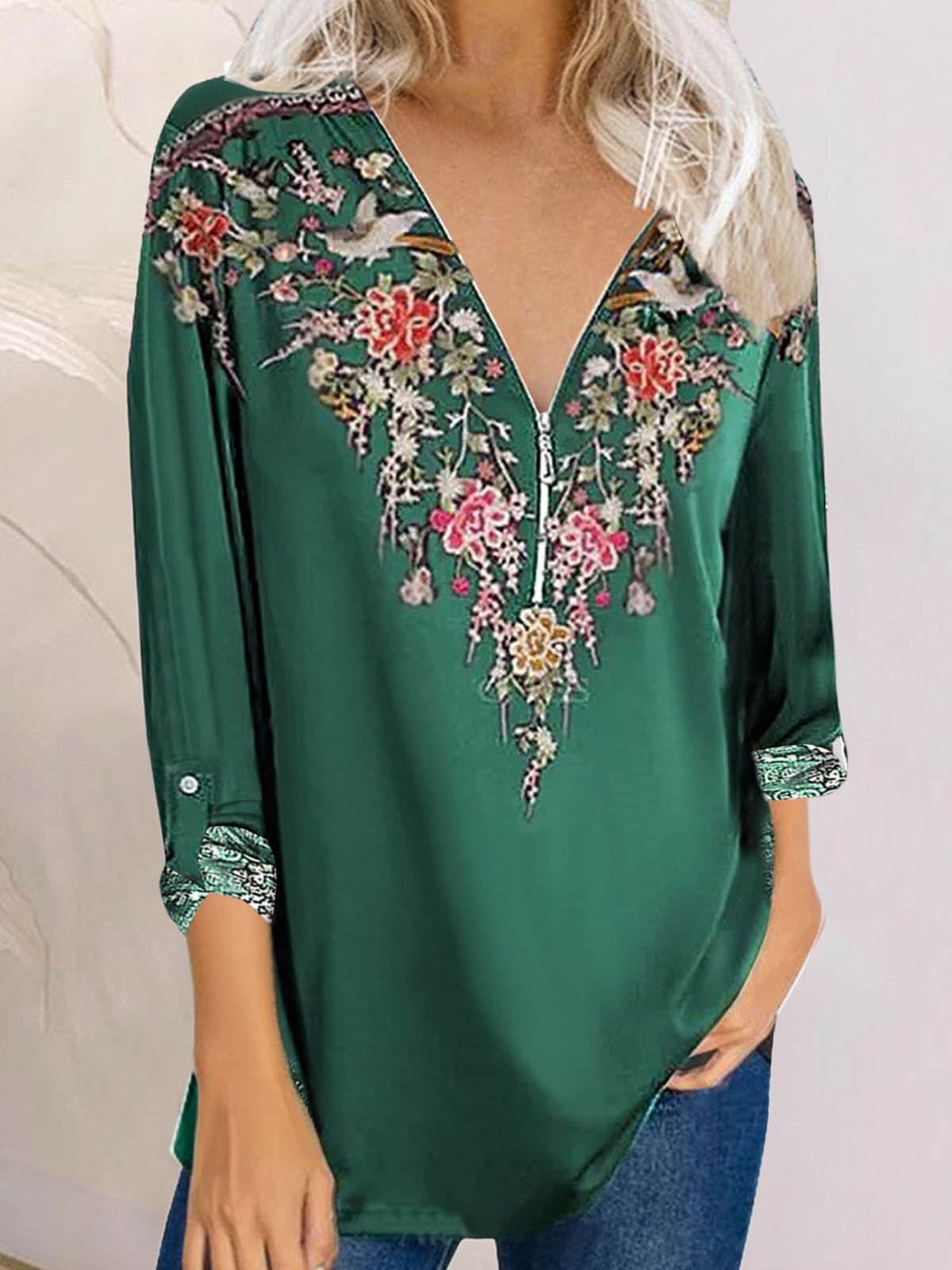 Women's T-Shirts Printed V-Neck Zipper Long Sleeve T-Shirts - LuckyFash™