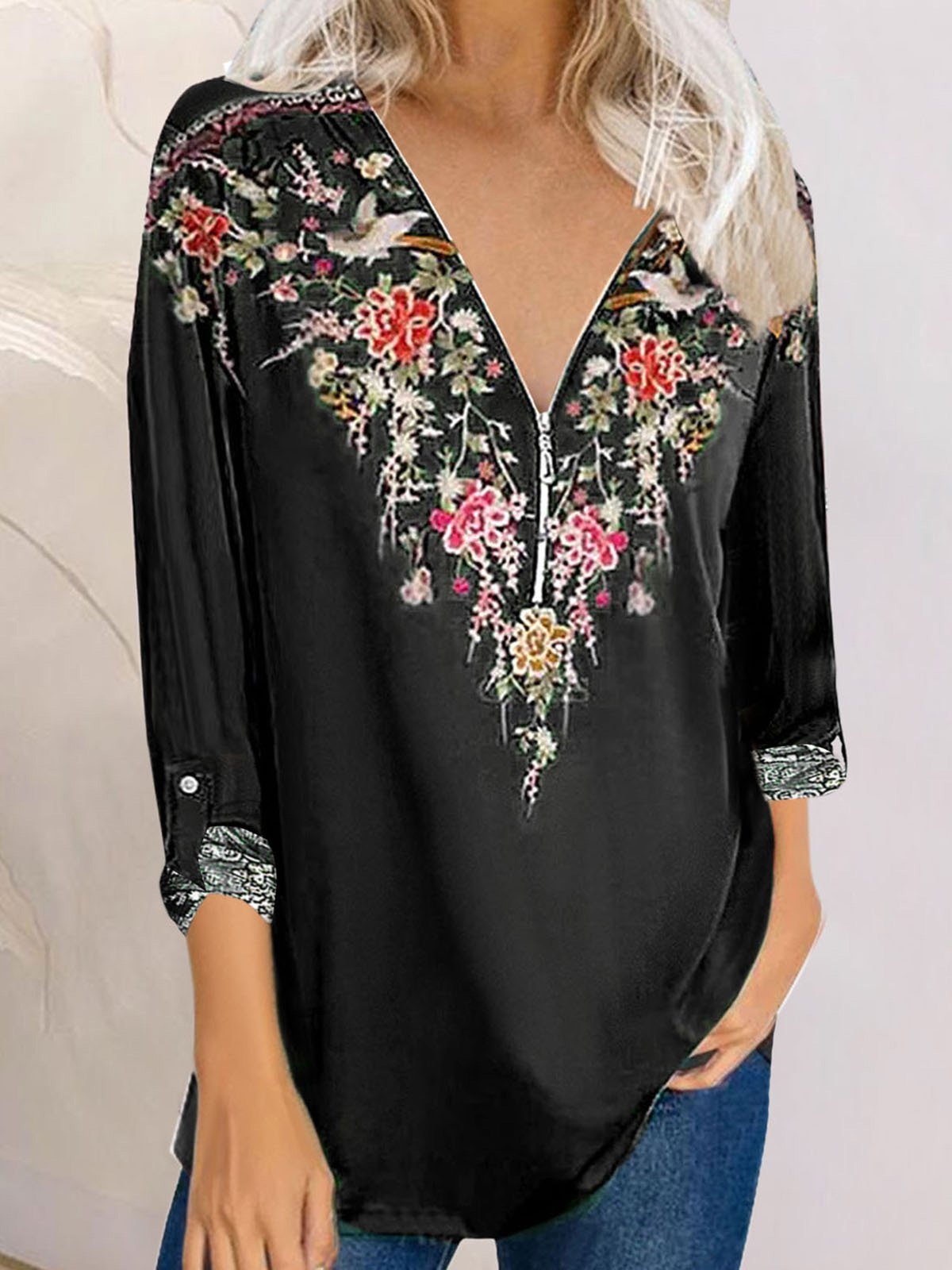 Women's T-Shirts Printed V-Neck Zipper Long Sleeve T-Shirts - LuckyFash™