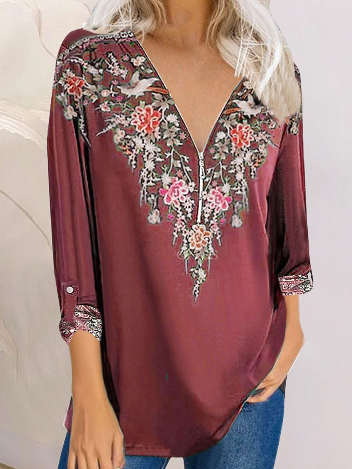 Women's T-Shirts Printed V-Neck Zipper Long Sleeve T-Shirts - LuckyFash™