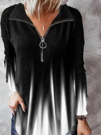 Women's T-Shirts Printed Zipper V-Neck Long Sleeve T-Shirt - LuckyFash™