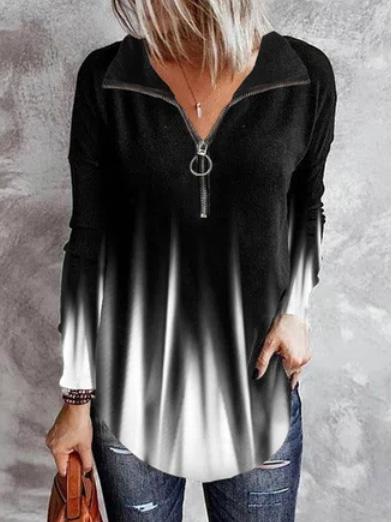 Women's T-Shirts Printed Zipper V-Neck Long Sleeve T-Shirt - LuckyFash™