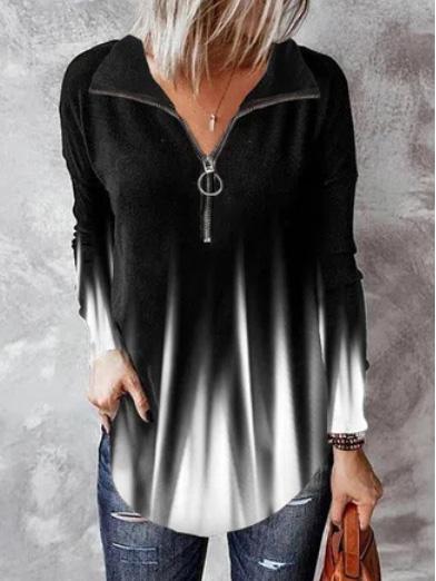 Women's T-Shirts Printed Zipper V-Neck Long Sleeve T-Shirt - LuckyFash™