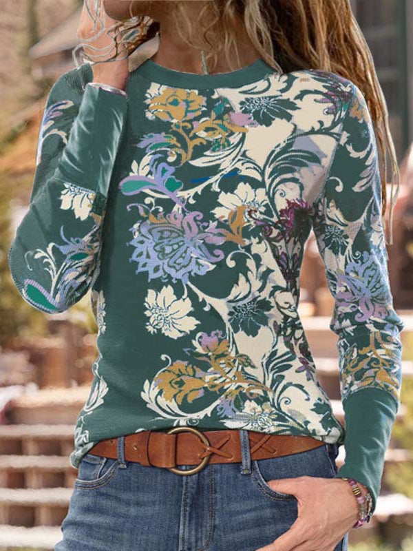 Women's T-Shirts Round Neck Floral Print Long Sleeve T-Shirt - LuckyFash™
