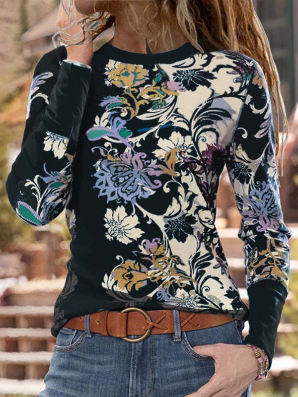 Women's T-Shirts Round Neck Floral Print Long Sleeve T-Shirt - LuckyFash™