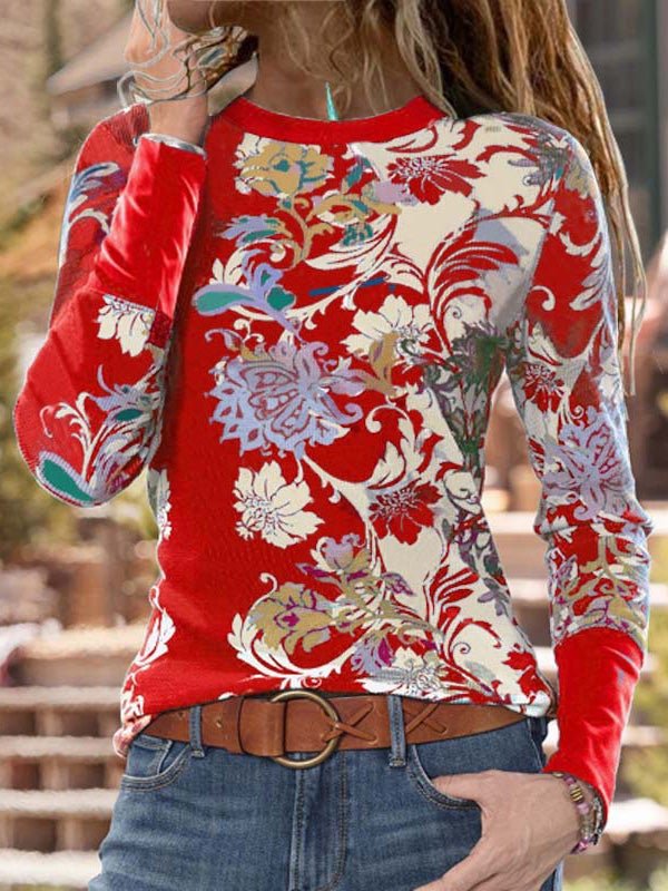 Women's T-Shirts Round Neck Floral Print Long Sleeve T-Shirt - LuckyFash™
