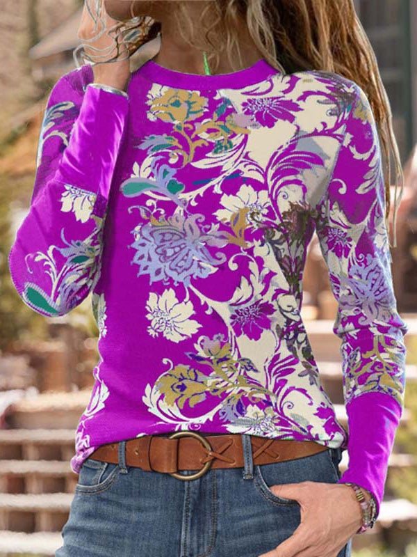 Women's T-Shirts Round Neck Floral Print Long Sleeve T-Shirt - LuckyFash™
