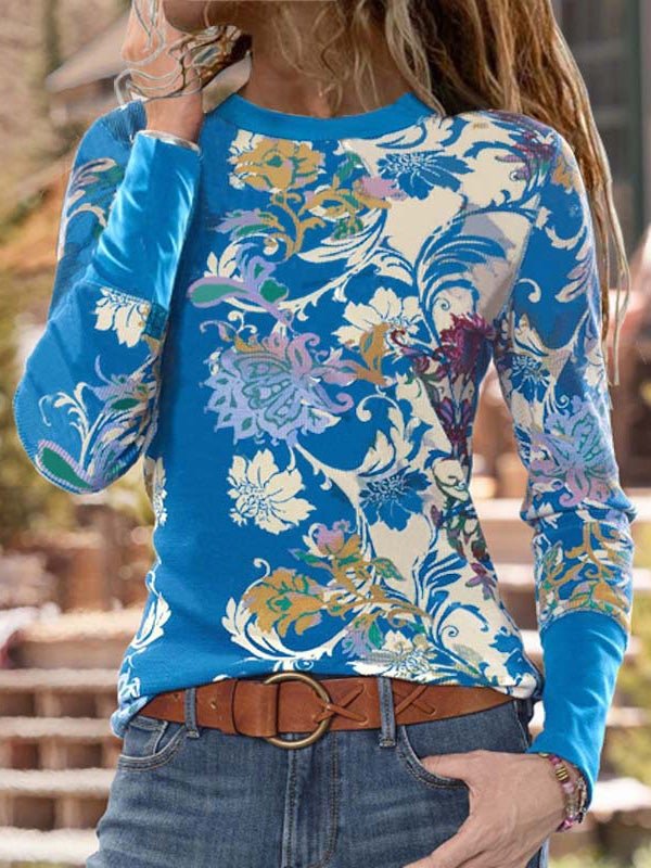 Women's T-Shirts Round Neck Floral Print Long Sleeve T-Shirt - LuckyFash™