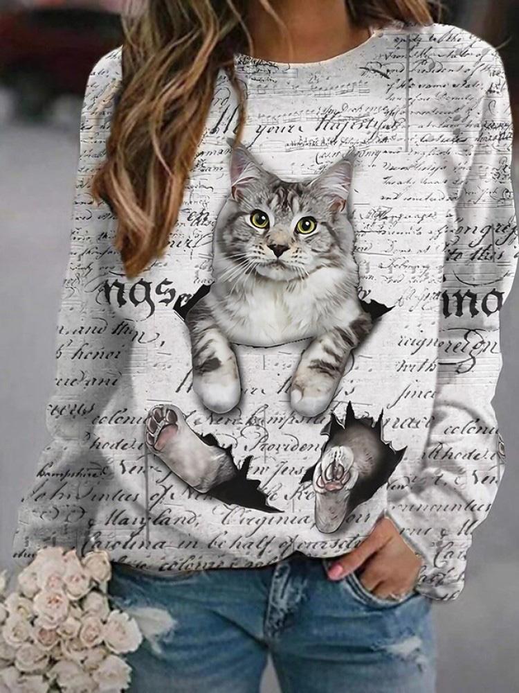 Women's T-Shirts Round Neck Long Sleeve Cat Letter Print T-Shirts - LuckyFash™