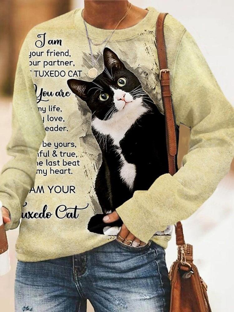 Women's T-Shirts Round Neck Long Sleeve Cat Letter Print T-Shirts - LuckyFash™