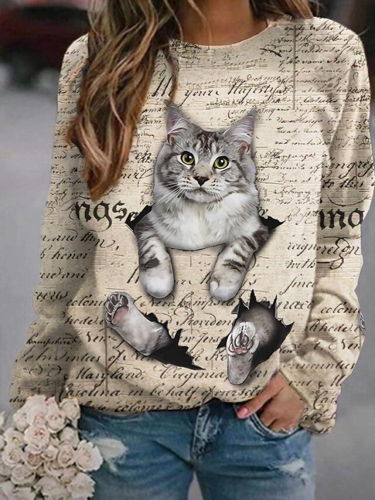 Women's T-Shirts Round Neck Long Sleeve Cat Letter Print T-Shirts - LuckyFash™