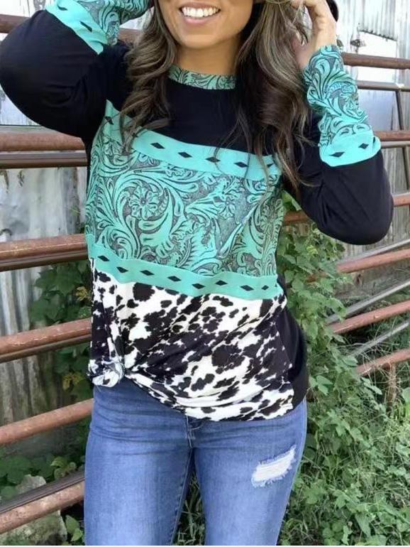 Women's T-Shirts Round Neck Long Sleeve Printing Stitching Casual T-Shirt - LuckyFash™