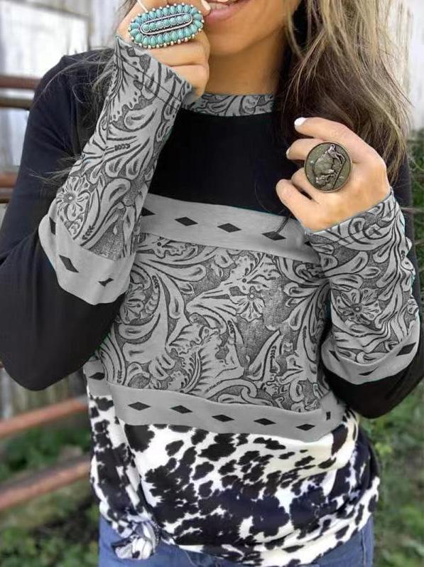 Women's T-Shirts Round Neck Long Sleeve Printing Stitching Casual T-Shirt - LuckyFash™