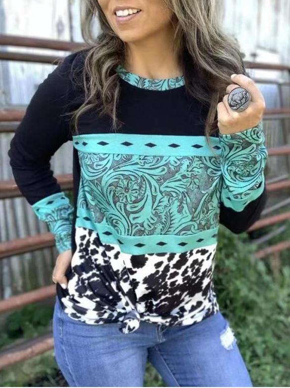 Women's T-Shirts Round Neck Long Sleeve Printing Stitching Casual T-Shirt - LuckyFash™