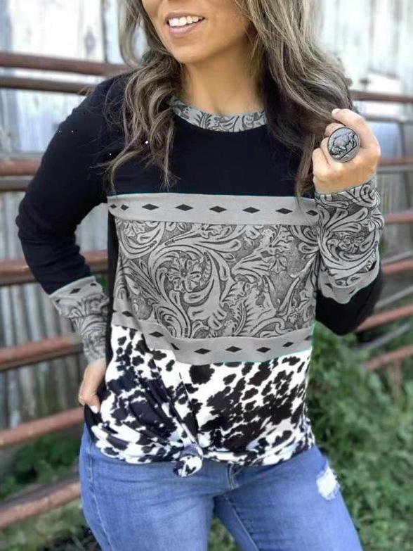 Women's T-Shirts Round Neck Long Sleeve Printing Stitching Casual T-Shirt - LuckyFash™