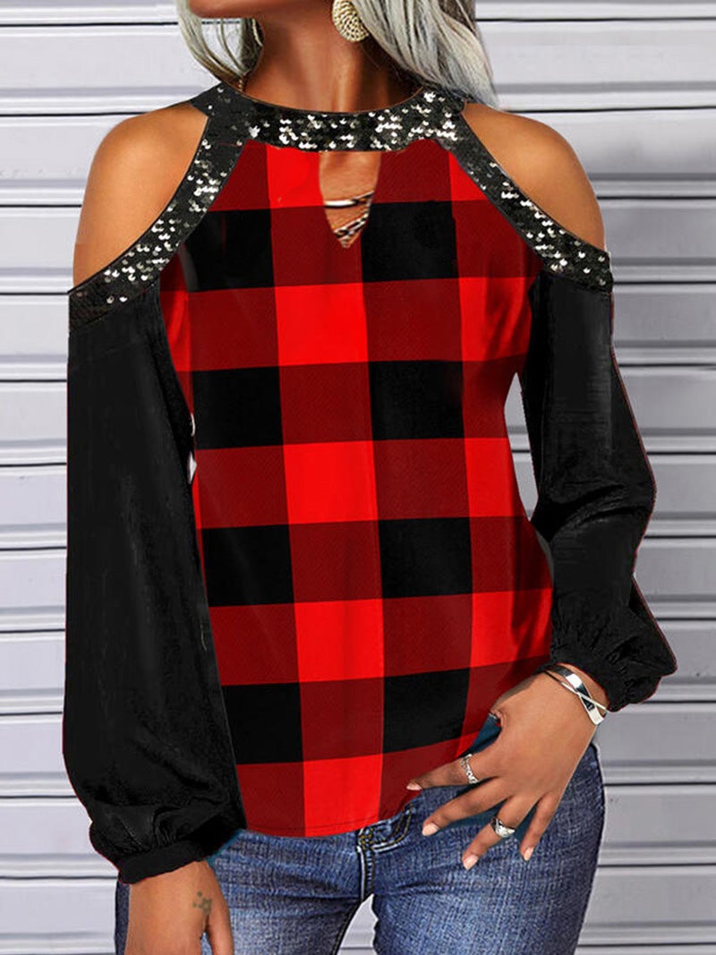 Women's T-Shirts Round Neck Off-Shoulder Plaid Long Sleeve T-Shirt - LuckyFash™