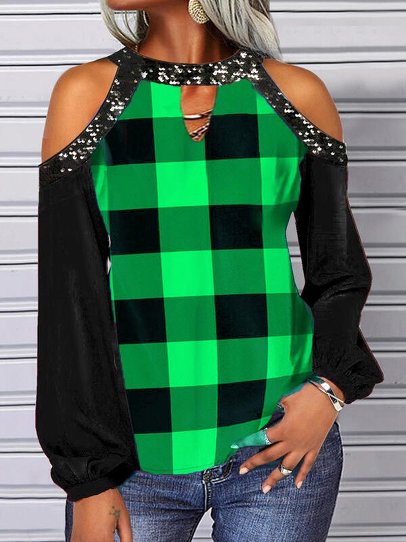 Women's T-Shirts Round Neck Off-Shoulder Plaid Long Sleeve T-Shirt - LuckyFash™