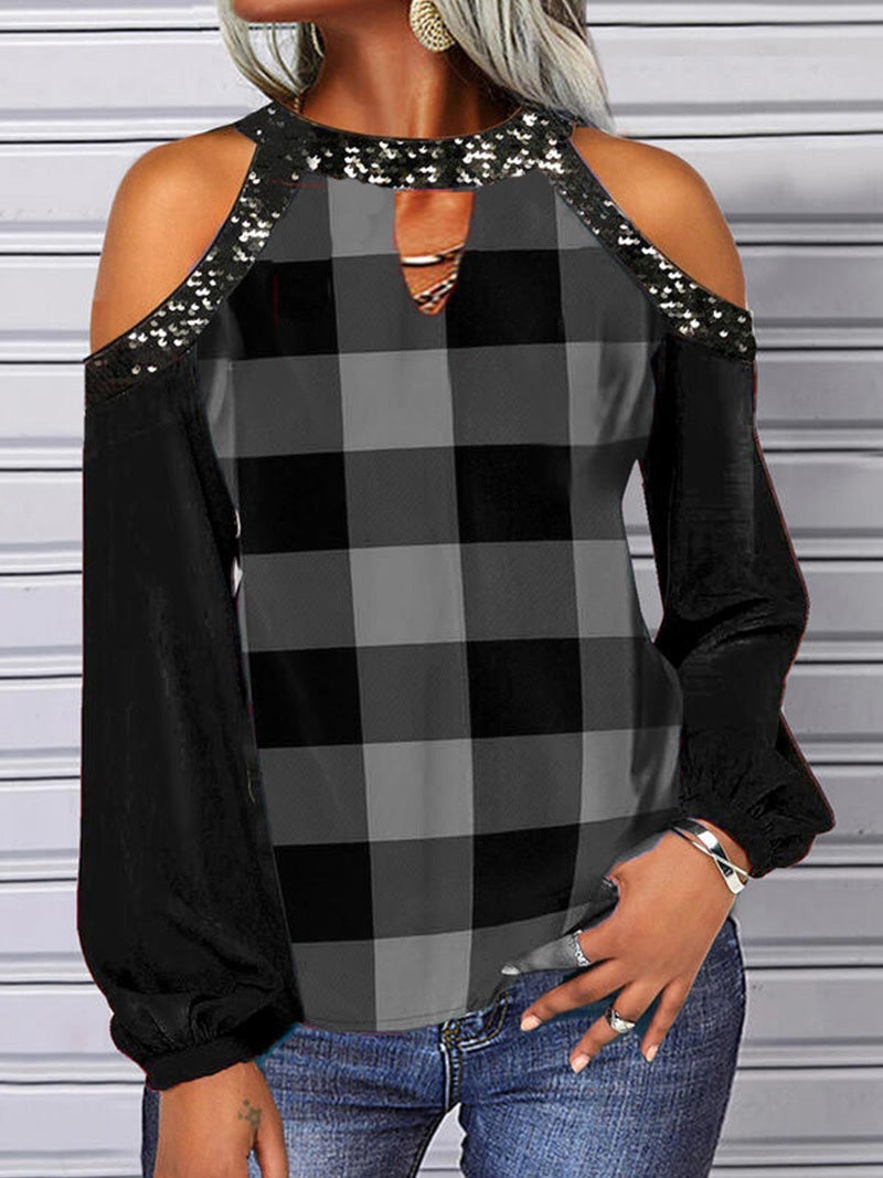 Women's T-Shirts Round Neck Off-Shoulder Plaid Long Sleeve T-Shirt - LuckyFash™