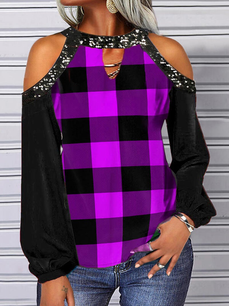 Women's T-Shirts Round Neck Off-Shoulder Plaid Long Sleeve T-Shirt - LuckyFash™