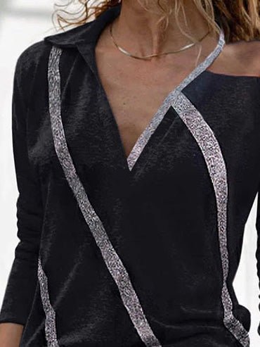 Women's T-Shirts Sequin Panel Lapel Hollow Long Sleeve T-Shirt - LuckyFash™