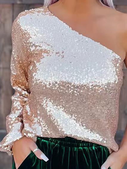 Women's T-Shirts Sequin Slanted Shoulder Slim Long Sleeve T-Shirt - LuckyFash™