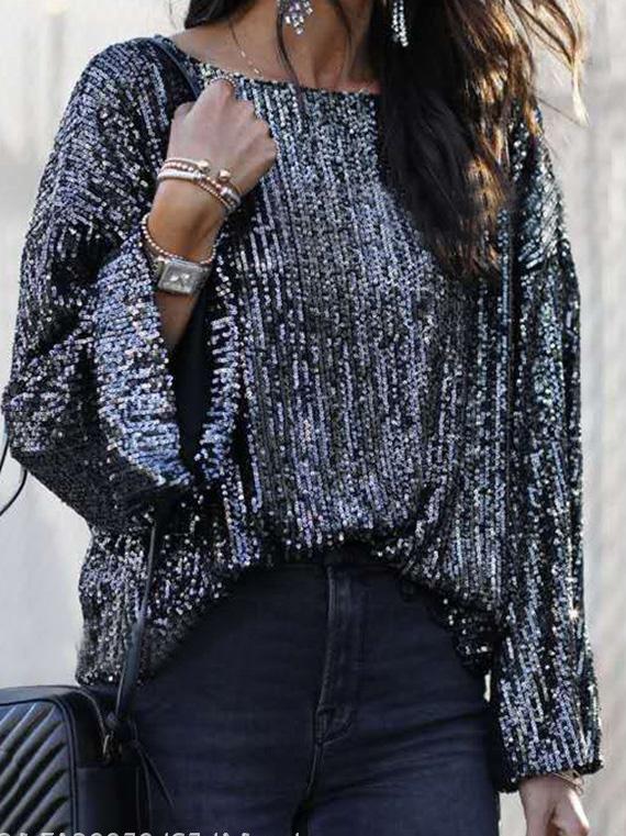 Women's T-Shirts Sequined Round Neck Long Sleeve Casual T-Shirt - LuckyFash™