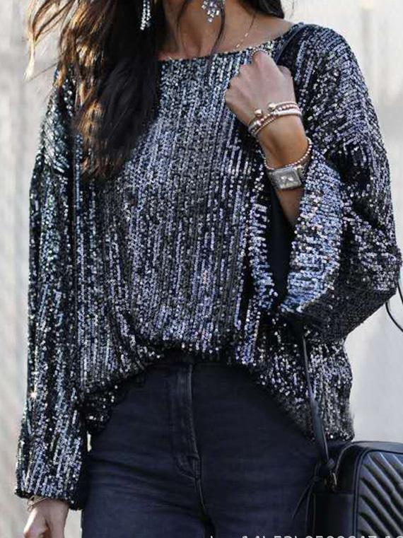 Women's T-Shirts Sequined Round Neck Long Sleeve Casual T-Shirt - LuckyFash™