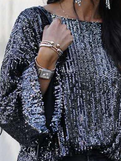 Women's T-Shirts Sequined Round Neck Long Sleeve Casual T-Shirt - LuckyFash™