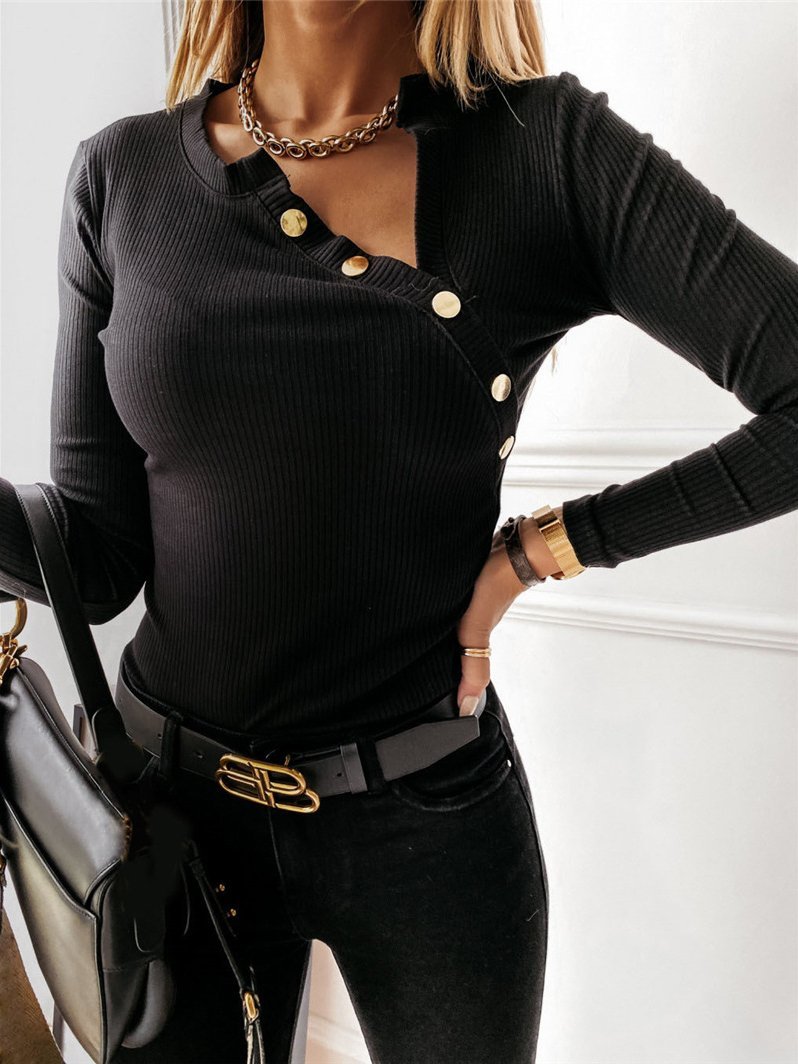 Women's T-Shirts Simple Long Sleeve V-Neck Button T-Shirt - LuckyFash™