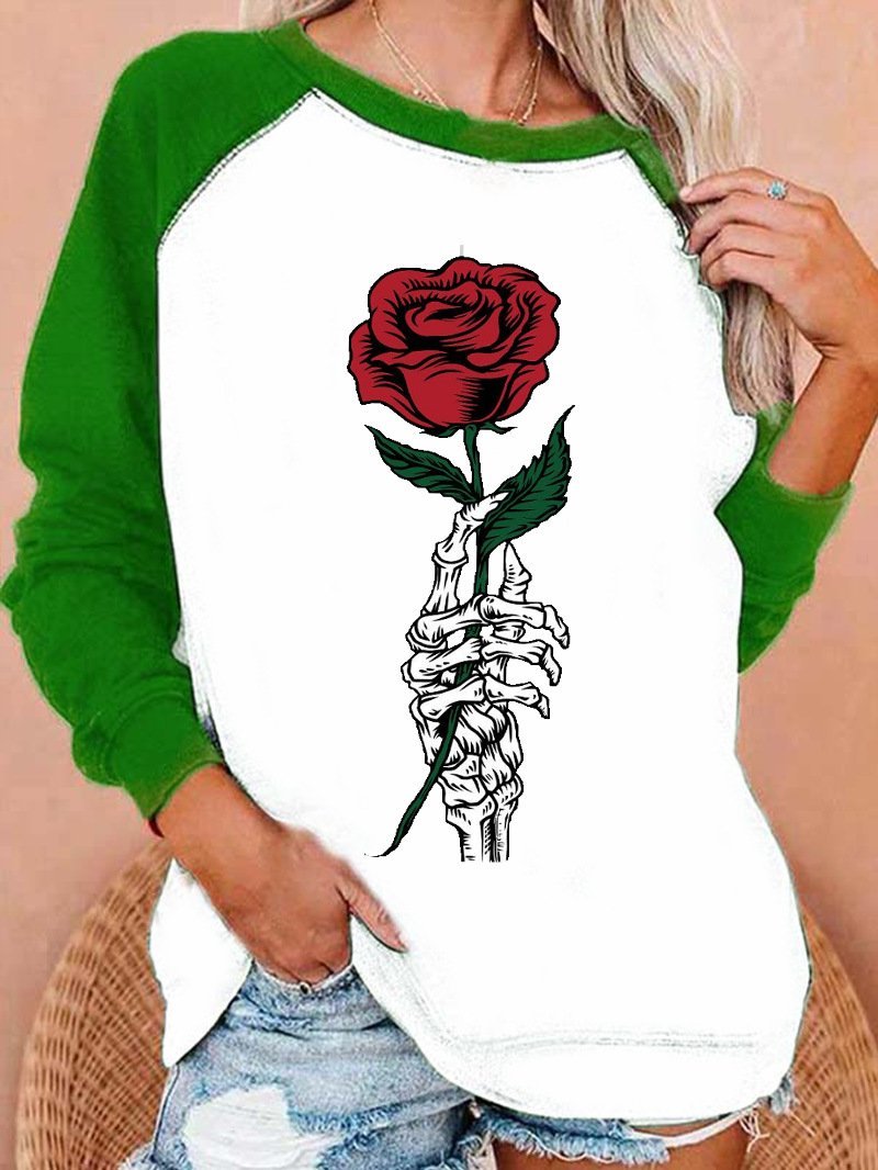 Women's T-Shirts Skull Hand-held Rose Print Raglan Long Sleeve T-Shirts - LuckyFash™