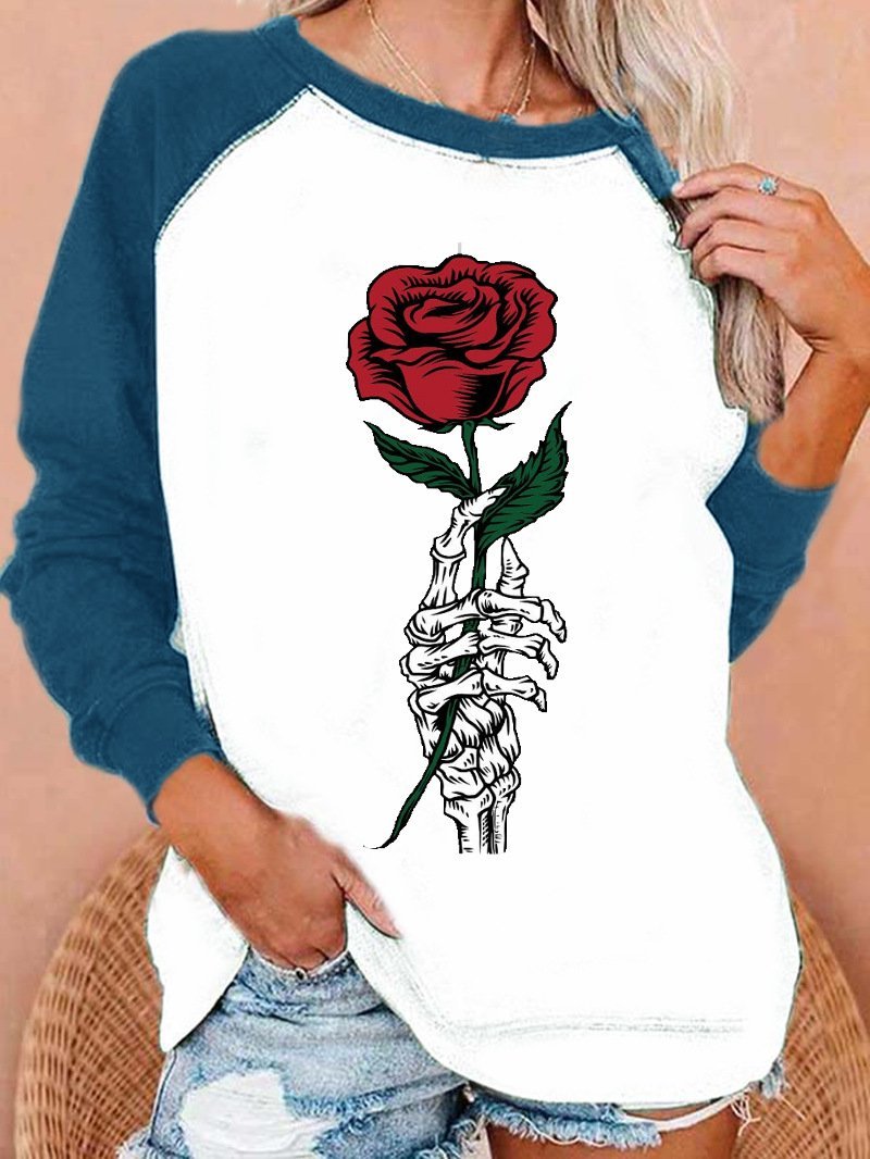Women's T-Shirts Skull Hand-held Rose Print Raglan Long Sleeve T-Shirts - LuckyFash™