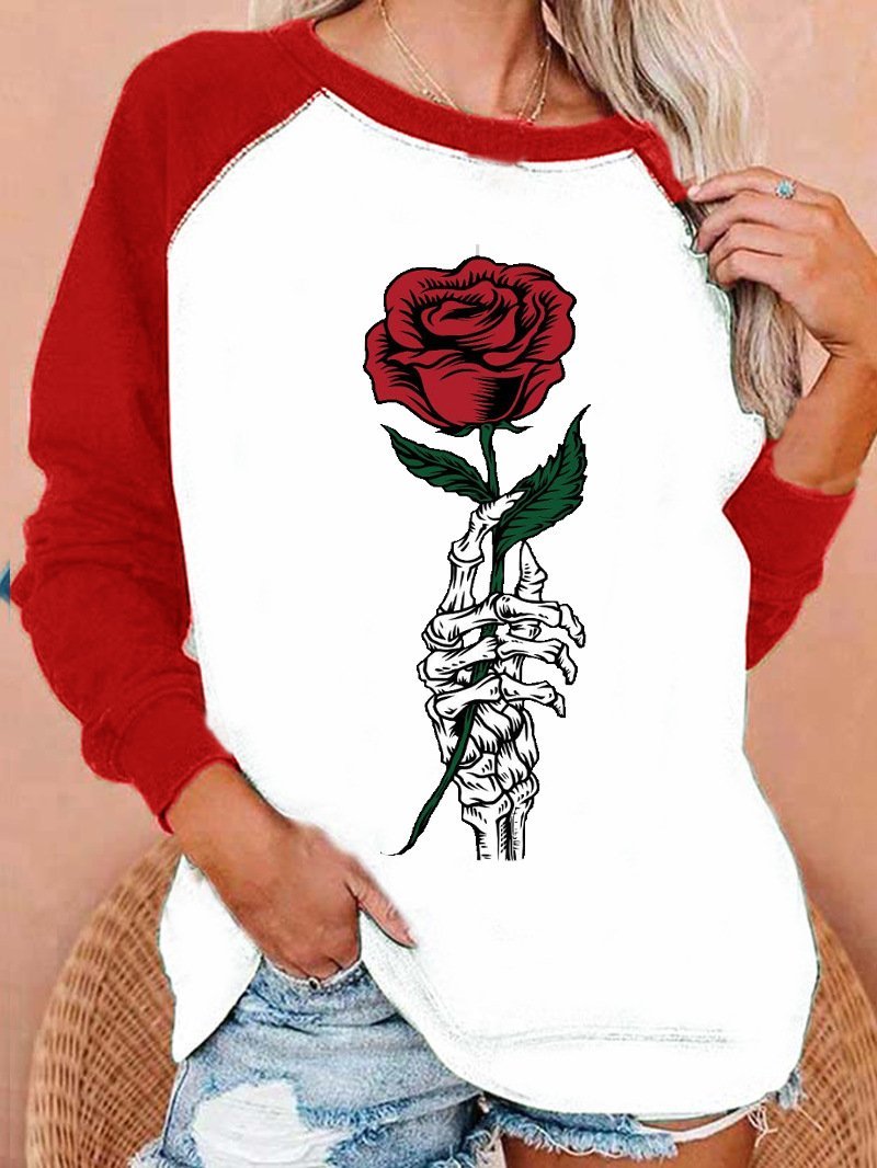 Women's T-Shirts Skull Hand-held Rose Print Raglan Long Sleeve T-Shirts - LuckyFash™