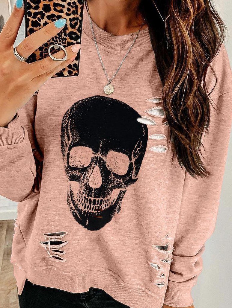 Women's T-Shirts Skull Hole Round Neck Long Sleeve T-Shirts - LuckyFash™