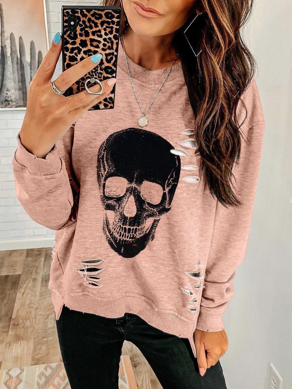 Women's T-Shirts Skull Hole Round Neck Long Sleeve T-Shirts - LuckyFash™