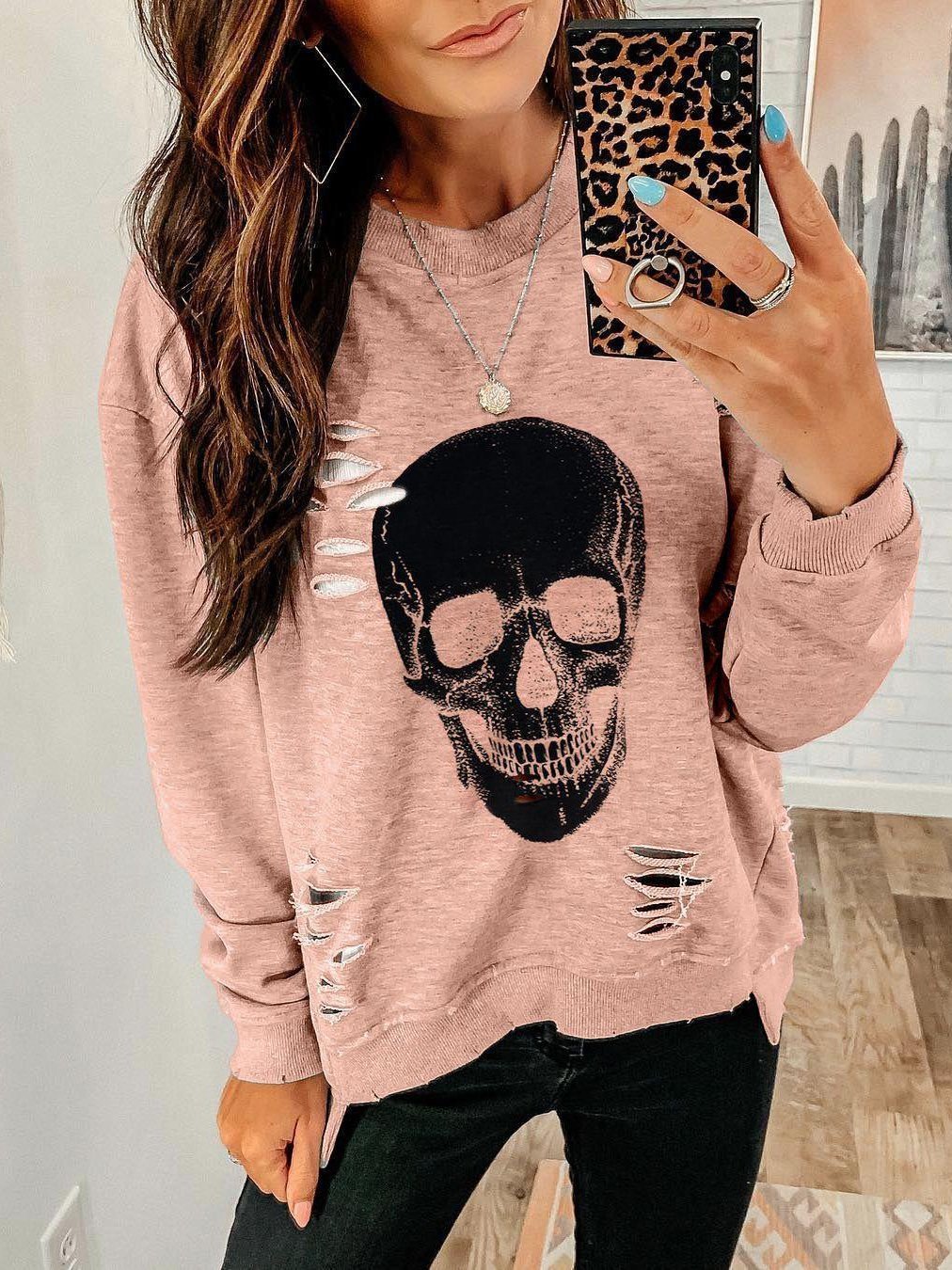Women's T-Shirts Skull Hole Round Neck Long Sleeve T-Shirts - LuckyFash™