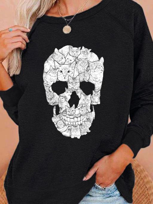 Women's T-Shirts Skull Print Round Neck Long Sleeve T-Shirts - LuckyFash™