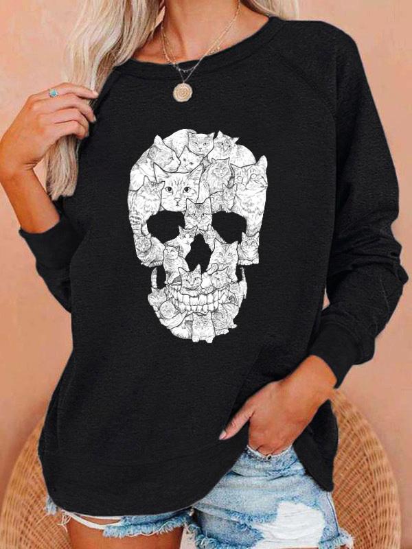 Women's T-Shirts Skull Print Round Neck Long Sleeve T-Shirts - LuckyFash™
